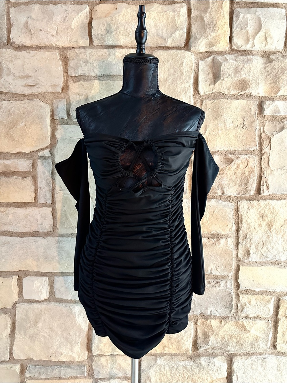 Black Off-Shoulder Ruched Mini Dress